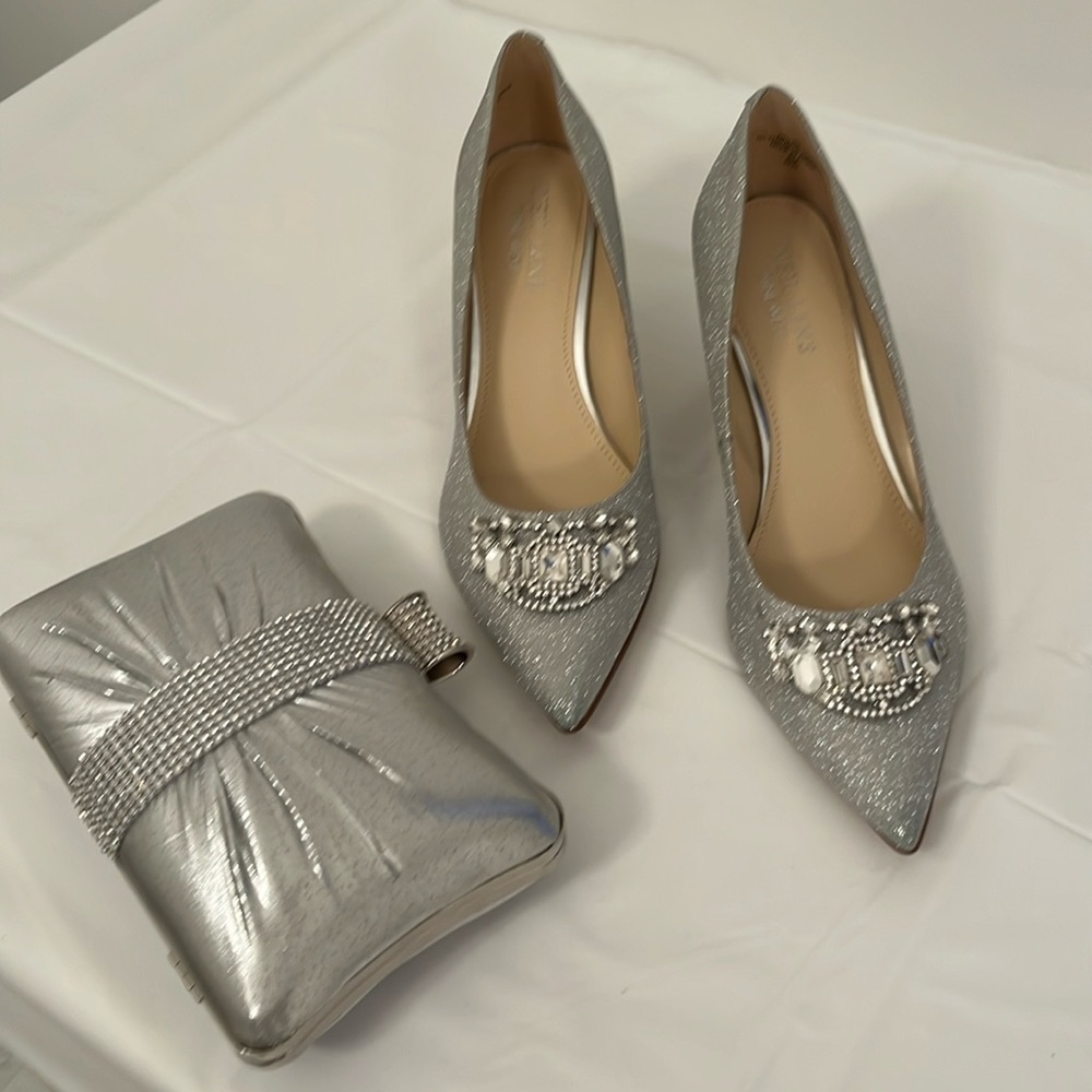 Nine West Neil Lane Always silver & silver rhinestone embellished evening bag.